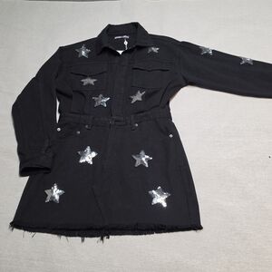Buddy Love Black Denim Mini Dress with  Silver Star Patches 100% Cotton. Sz Smal